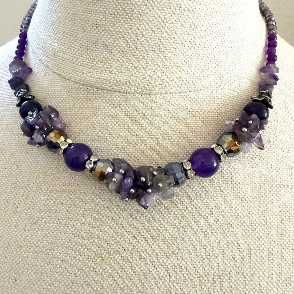Handmade Amethyst Chip & Crystal Statement Necklace
